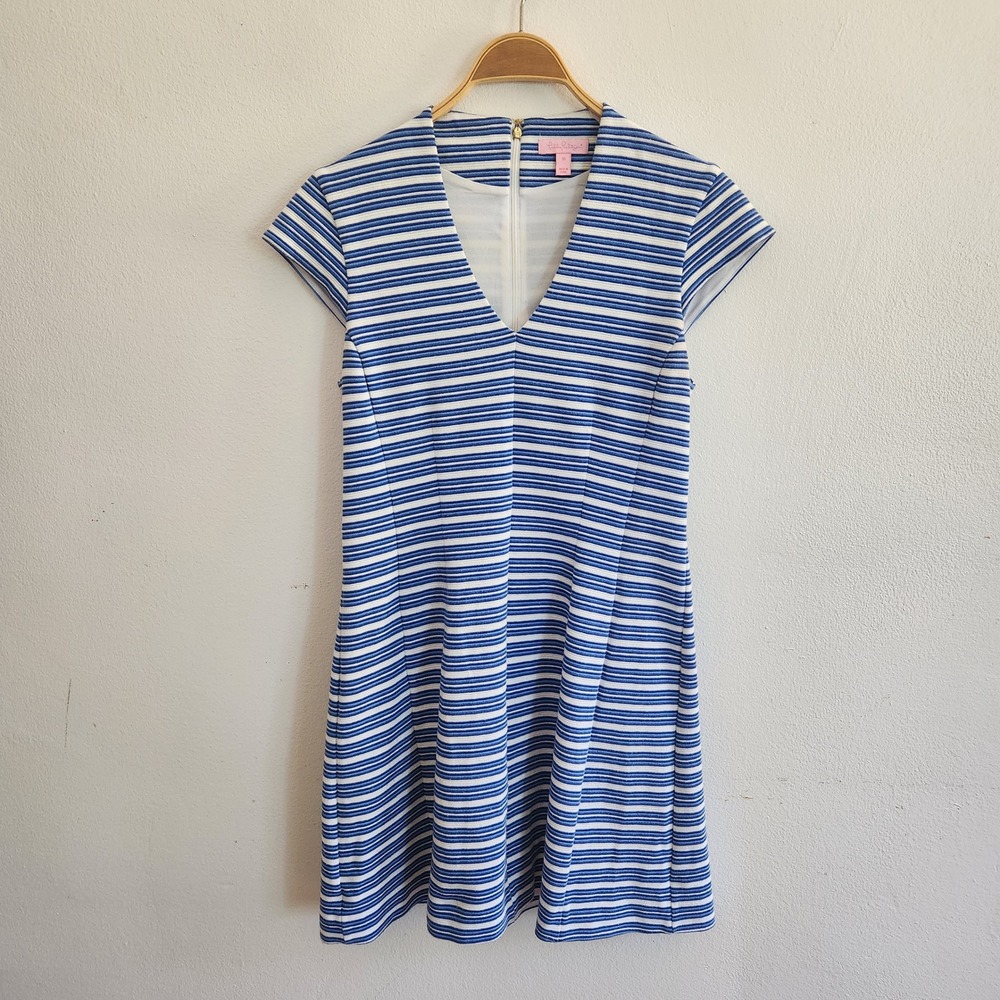 Lilly Pulitzer Bree Ottoman Shift Dress Medium Blue White Stripe Fit Flare